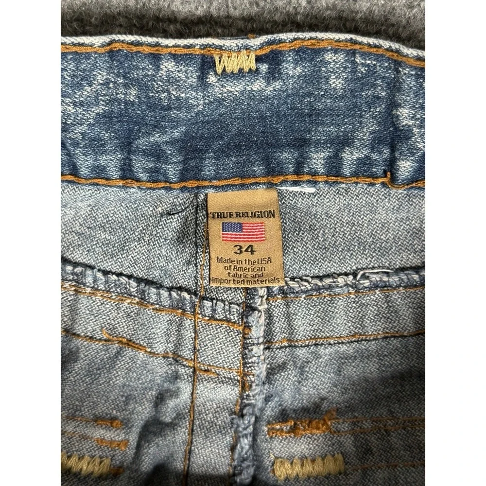 True Religion Ricky Straight Jeans Mens 34 Acid Wash Distressed Flap Pocket USA